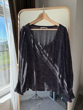 LOFT Black Button-Front Long Sleeve Blouse with White Microdots